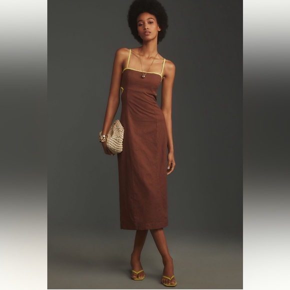 Maeve Anthropologie Dafni Cutout Linen Midi Dress Brown/Lime Green L - Picture 2 of 10